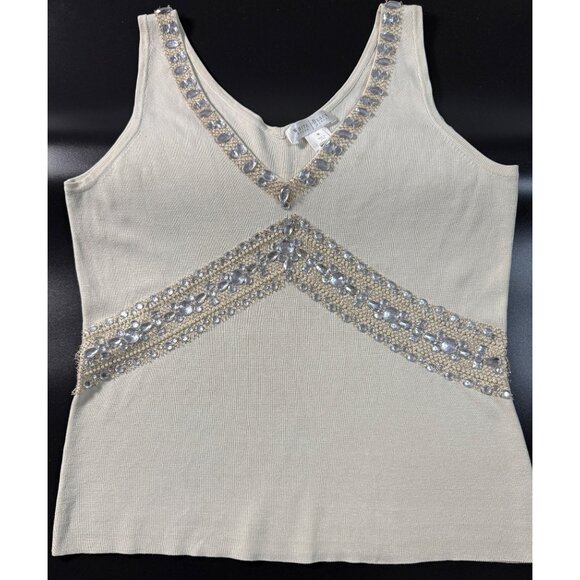 Vintage White House Black Market Silk Knit Beaded Rhinestone Tank Top M Y2K Ivor - Picture 1 of 9
